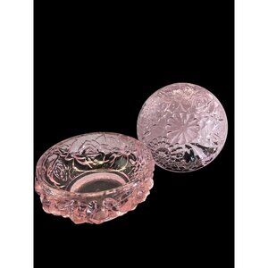 Vintage Fenton Art Glass Powder Jar Trinket Box with Lid Transparent Pink Floral